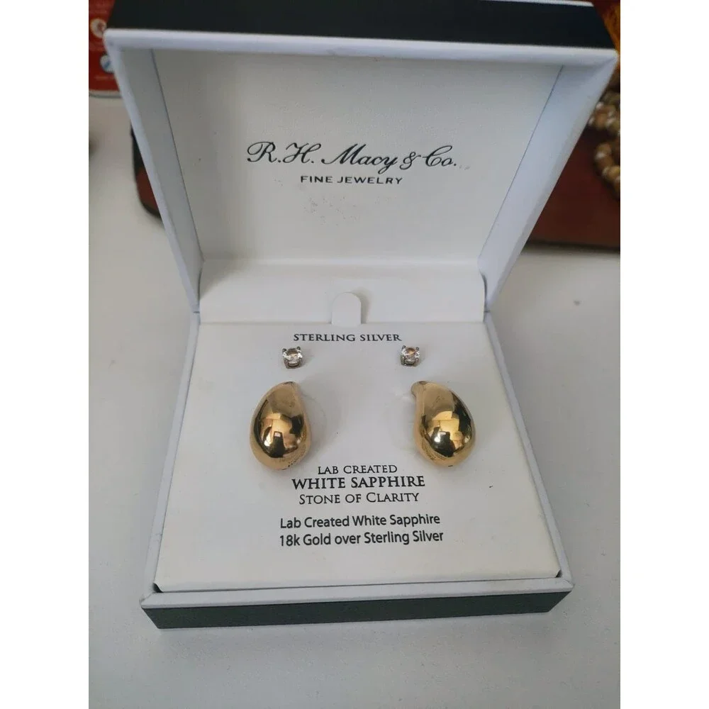 R.H. Macy & Co Lab Grown White Sapphire Stud Earrings Set 14K GP Sterling Silver